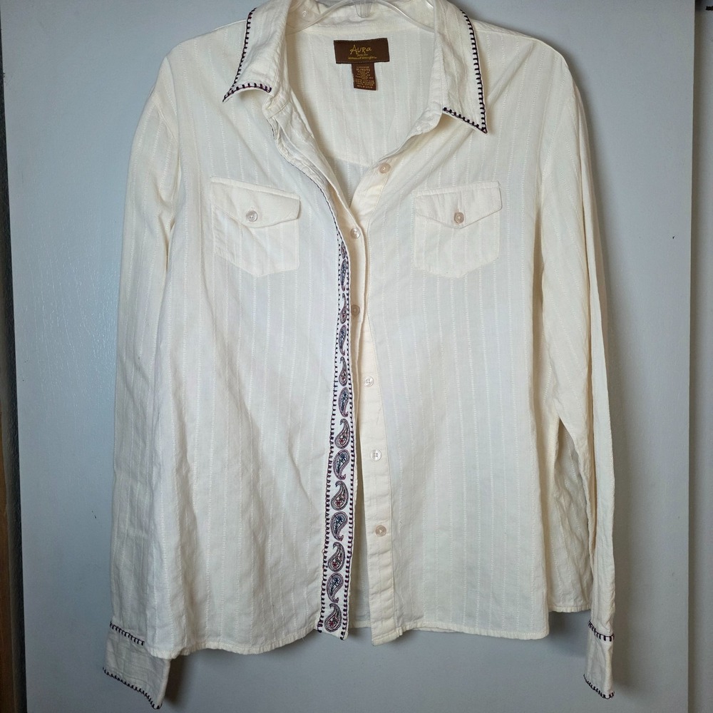 Aura "From the Women at Wrangler" Cream Button Down Top Size XL Western Cowgirl